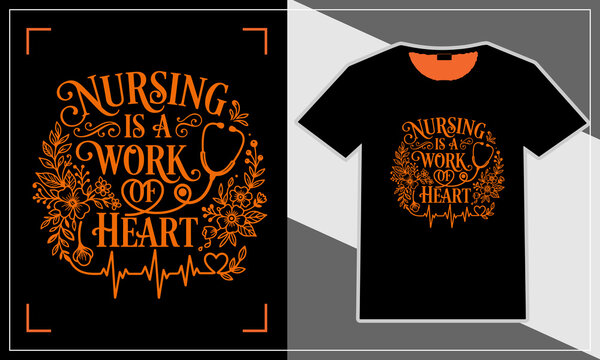 Black t-shirt with nursing work of heart decorative text design