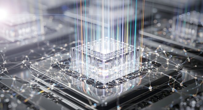 A high-tech computer processor chip glows with intense white light while vertical energy beams and a digital network of interconnected nodes emanate from its surface.