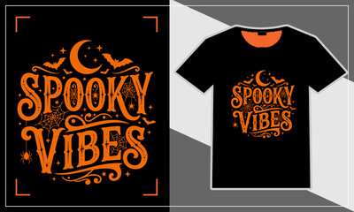 Black t-shirt with spooky orange halloween vibes text design featuring a crescent moon © MdGolam