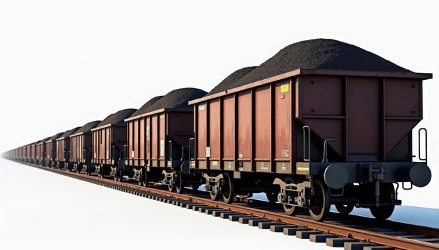 coal train with open hopper wagons loaded with black coal on steel rails, coal train stretching into perspective with repeating freight cars and visible buffers and wheels,