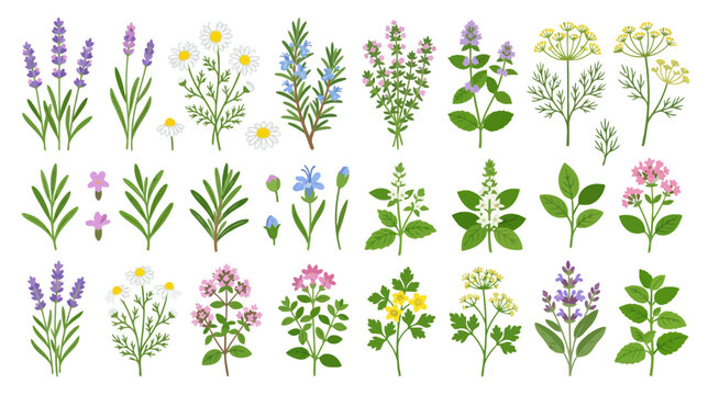 Herbal Collection: Lavender, Rosemary, Chamomile, Dill, Mint & More - Flat Illustration