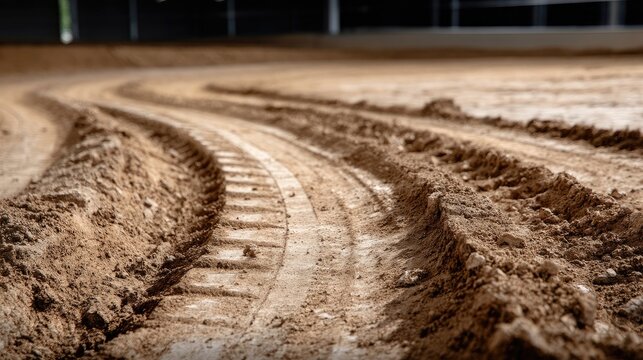 Close up view of tire tracks in moist soil showing different tread patterns under natural light in a commercial outdoor setting