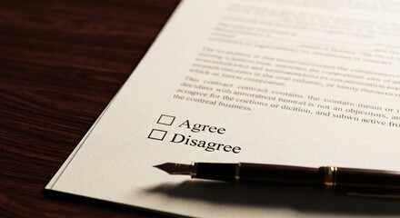 Fototapeta premium Formal Business Contract Document with Agree and Disagree Checkboxes and Fountain Pen Placed on Wooden Desk for Legal Agreement Signing