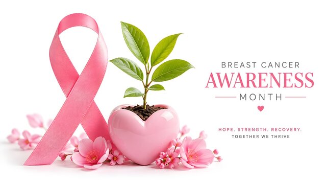 Pink ribbon and a small plant growing from a heart symbolizing hope for breast cancer awareness and recovery