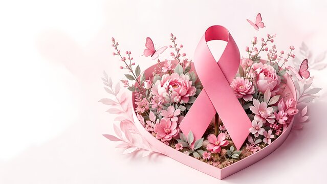 A beautiful heart shaped flower arrangement features a vibrant pink ribbon representing breast cancer awareness and offering a message of hope