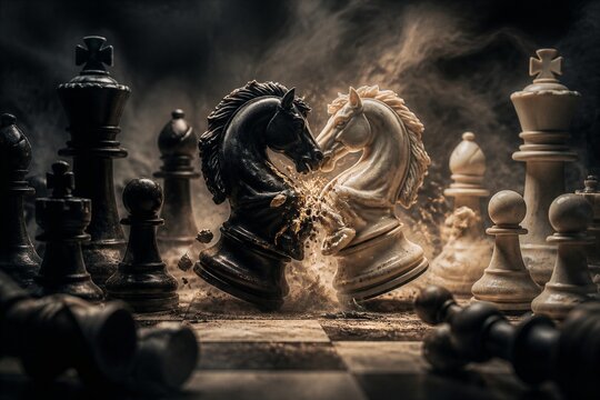 Chess knights colliding amid smoky board with scattered pieces