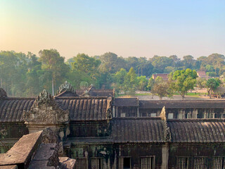 Fototapeta premium Siem Reap, Cambodia - February 20, 2020: Tiered rooftops of Angkor Wat temple