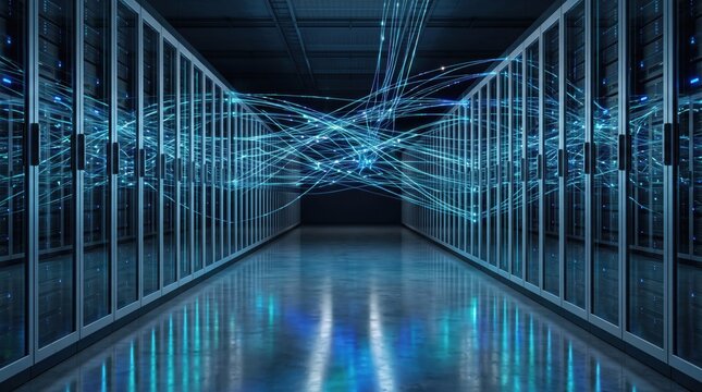 Futuristic Data Center Server Room with Glowing Blue Fiber Optic Connectivity Lines Representing Cloud Computing and Global Information Infrastructure