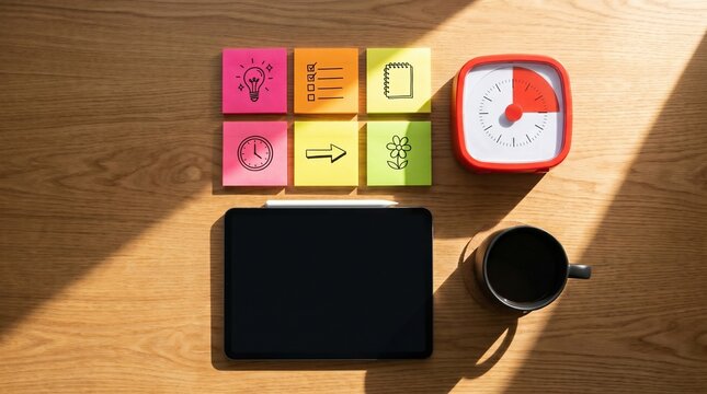 Top Down View of ADHD Friendly Creative Workspace with Visual Timer and Colorful Icon Notes