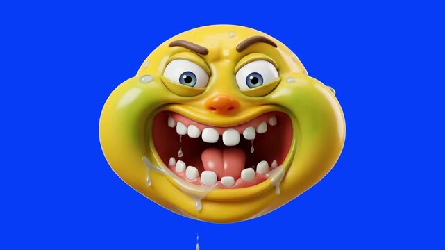 Wild yellow-green 3D monster face drooling with open mouth, sharp teeth, and intense crazy eyes on a solid blue screen backdrop. Ideal for funny comedy clips, horror-comedy animations, viral meme reac