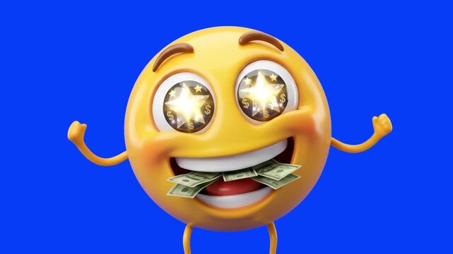 Expressive yellow 3D emoji character with sparkling star eyes holding dollar bills cash in its mouth on a solid blue screen background. Perfect for finance promos, wealth and success videos, viral soc