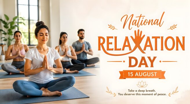 Banner for National Relaxation Day with meditating young people
