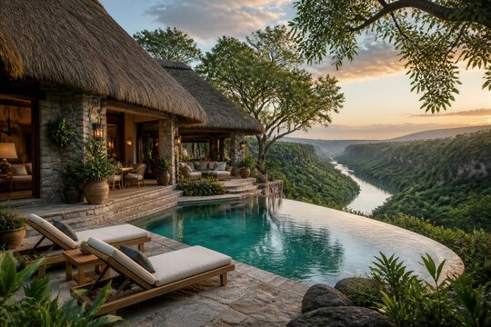 Thatched villa with infinity pool overlooking river gorge at sunset