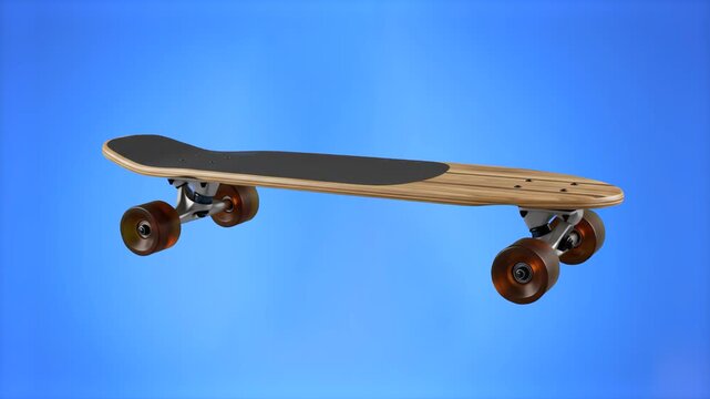 A professional 3D render of a wooden longboard skateboard featuring smooth amber polyurethane wheels, shown from a low side angle against a solid blue background. Perfect for cruising lifestyle promo 