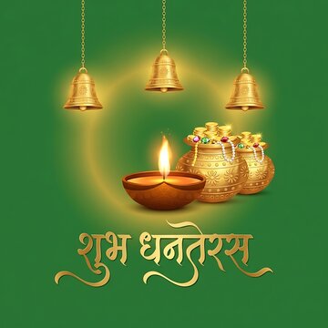 Happy dhanteras greeting background with golden kalash, diya lamp, hanging bells