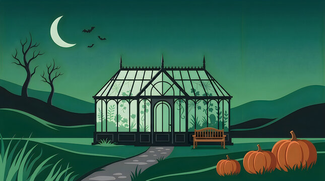 Cozy greenhouse with bench and pumpkins under moonlight at night