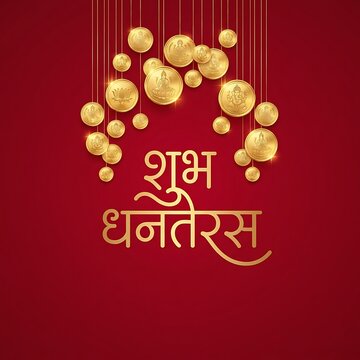 Shubh dhanteras greeting card with golden coins and traditional symbols