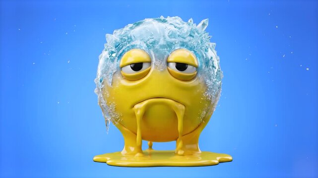 A detailed 3D model of a yellow emoji character covered in icicles and frost while melting into a slushy puddle, set against a solid blue studio backdrop. Great for winter weather forecasts, cold seas