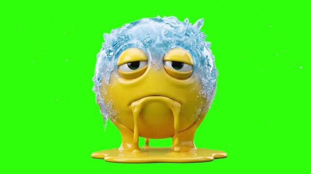 A detailed 3D animated yellow emoji character looking tired, sick, and covered in blue ice crystals and runny slime, standing on a solid chroma key green screen. Excellent for keyable video overlays, 