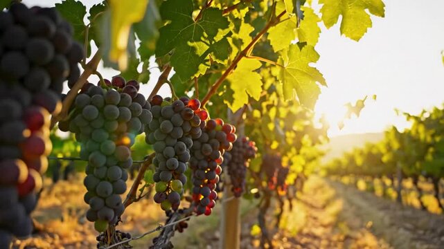 Vibrant green foliage of grape vines reaching toward the bright sun, beautiful vineyard landscape setting, perfect for wine marketing or rustic agricultural themes