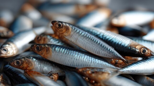 Numerous small freshly caught fish display shimmering scales and intricate patterns in commercial setting, highlighting premium quality and clean composition