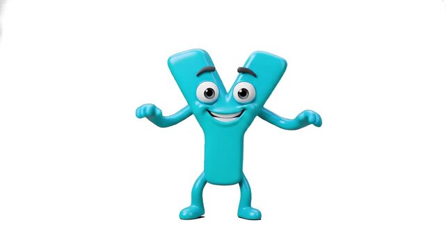 A cute 3D animated cyan blue letter Y character with big expressive eyes and arms outstretched, dancing happily on a clean white background. Great for early childhood learning apps, alphabet songs, sp