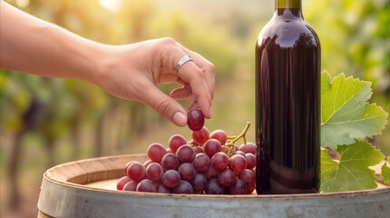 Obraz premium Hand picking red grape from bunch on wooden barrel next to wine bottle. Viticulture and winemaking concept in sunny vineyard.