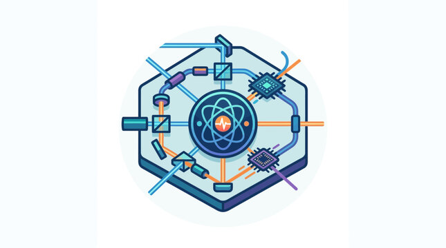 Quantum Computing Circuitry: Abstract Atom Symbol with Microchips and Laser Optics