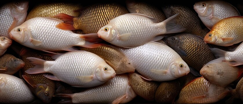 Freshly caught fish piled together showcasing various scales and colors in a seafood market setting