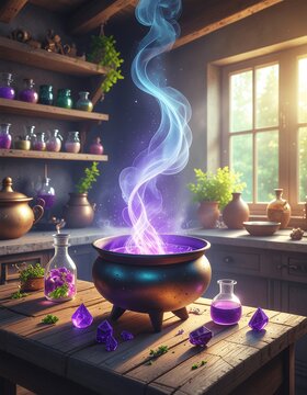 Mystical potion brewing in an enchanted apothecary.