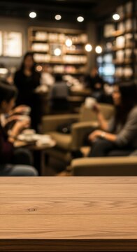 Cozy cafe interior with blurred people and wooden table.