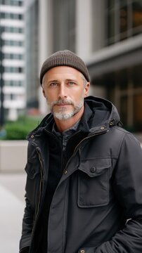 Man with grey beard and mustache stands outdoors in urban setting wearing beanie and hooded coat in cold season light