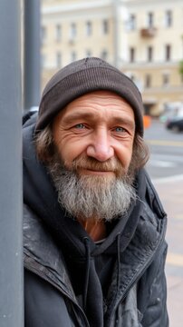 Man with grey beard and blue eyes stands outside, wearing a dark beanie and coat, in an urban setting during a cold season