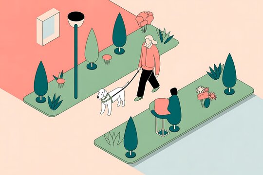 Isometric urban park illustration with woman walking dog, tree-lined path, colorful trees, streetlamp, and seated figure, flat vector design for websites and apps