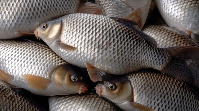 Fresh catch with shimmering fish displayed in a close-up arrangement showcasing their scales and colors in natural light