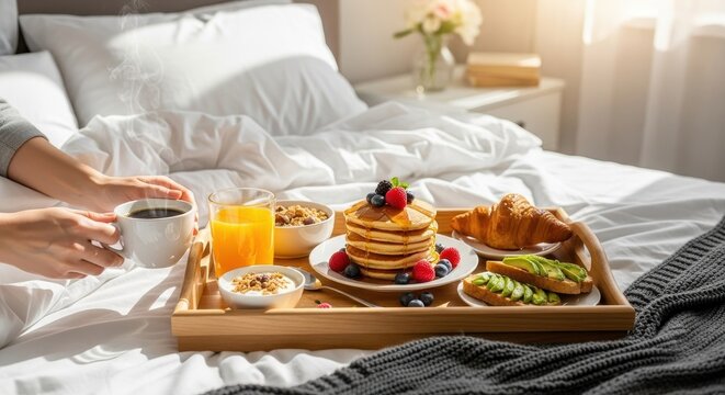Cozy breakfast in bed with pancakes and fresh fruit.