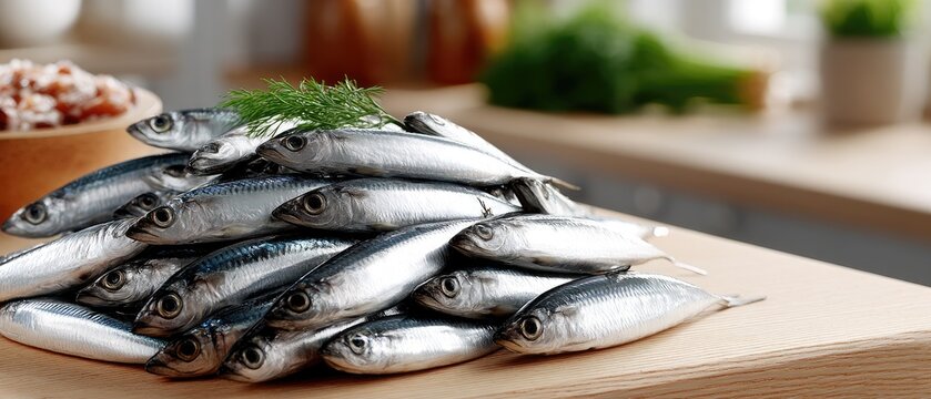Close up view of a pile of small silvery fish with darker fish in a bright kitchen setting at a market