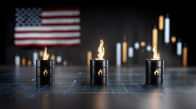 Three black oil barrels with flame logos displayed on a dark floor with blue grid lines, featuring a blurred background of an American flag and financial charts