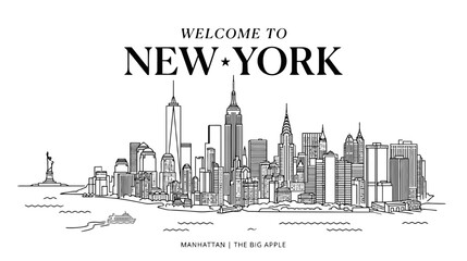 Naklejka premium Welcome to New York City Skyline Illustration - Manhattan Landmark Art