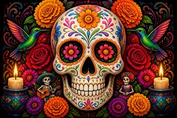 Fototapeta premium Decorative sugar skull artwork surrounded by flowers and candles
