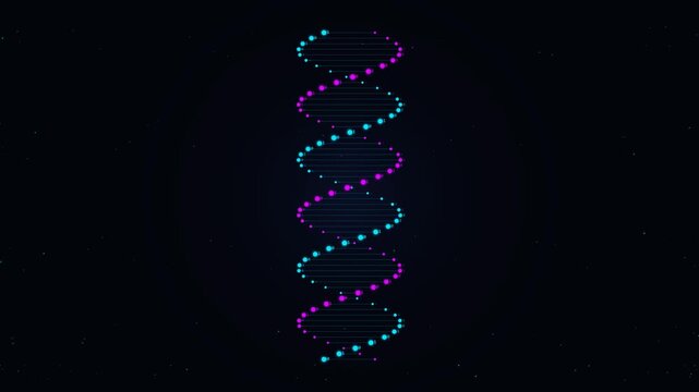 Abstract Digital DNA Double Helix Rotating Animation on Dark Background.