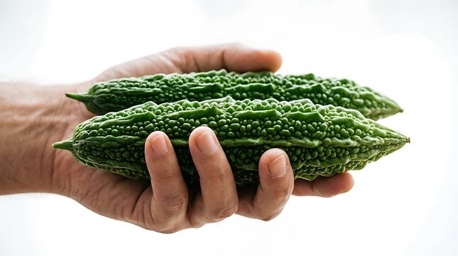 Close-up of a hand holding two fresh, vibrant green bitter gourds, highlighting healthy organic produce for nutritious meals