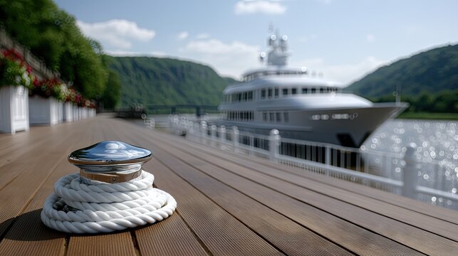 Polished silver boat cleat and white rope on wooden deck with distant yacht and blue hills during bright daylight