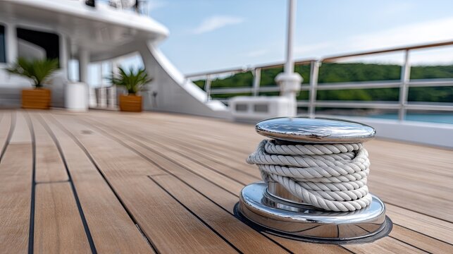 Detailed view of polished silver boat cleat with white rope on wooden deck, yachts and hills visible in background under blue sky