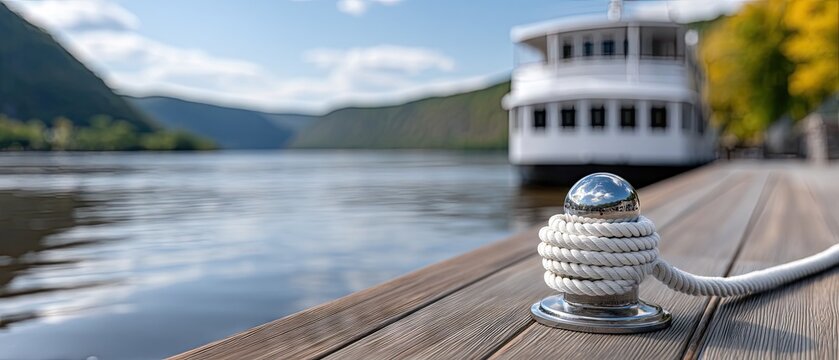 Close up view of a silver boat cleat with a white rope on wood deck, yacht and mountains in background under bright sky