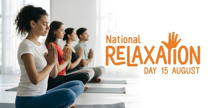 Banner for National Relaxation Day with meditating young people