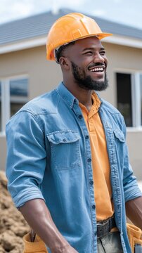 Man in orange hard hat and reflective vest smiles at construction site with building frames and clear sky in the background during bright sunny day