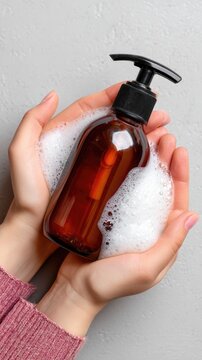 Hands hold a soap pump bottle among fluffy soap suds, shown in close up with a light gray background for a clean look and luxury appeal for advertising