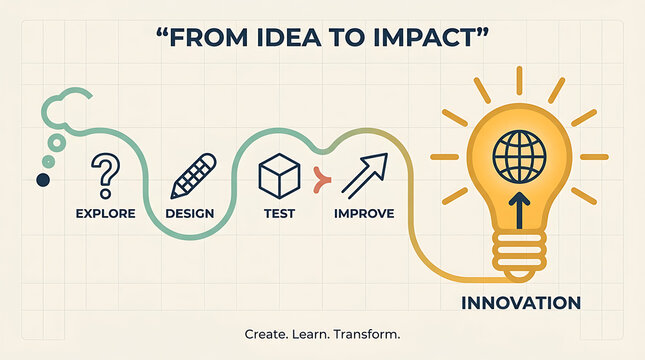 Illustrated process of transforming ideas into global innovation success with guiding initial concept exploration global impact through innovation stages