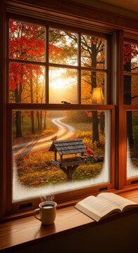 Cozy window view of autumn forest with open book and coffee.